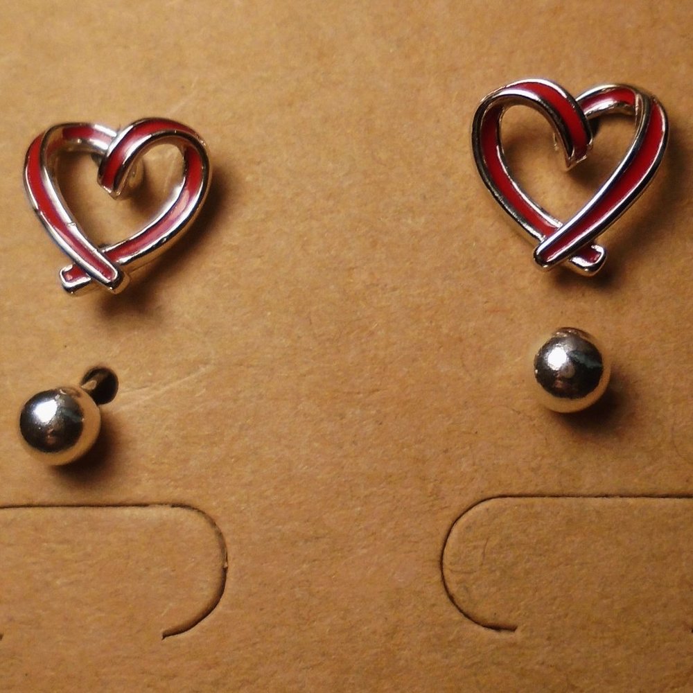 925 Sterling Silver Stud Earring Set  4mm Ball Stud & 10mm Open Heart W Enamel